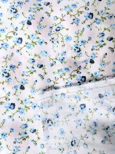 Blue Poly Cotton Rose Fabric, Floral Fabric, Small Print Fabric